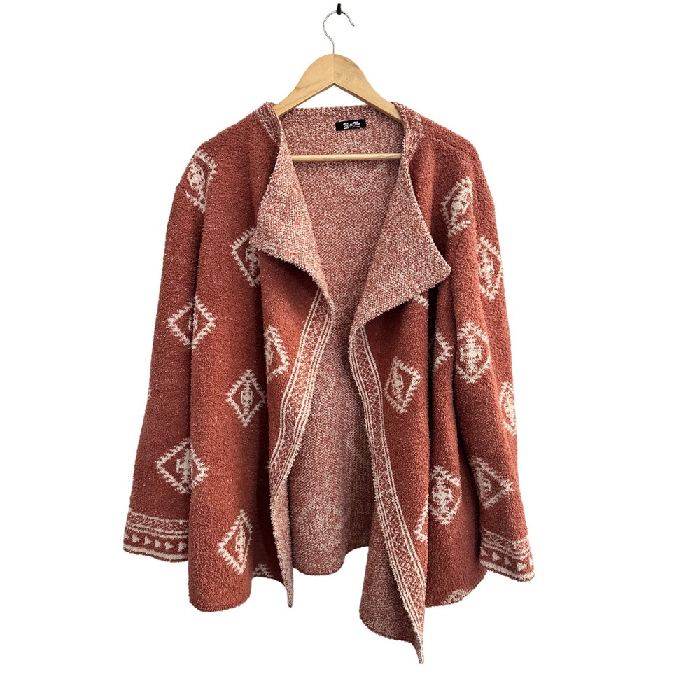 Miss Me Southwestern Boho Diamond Open Front Cardigan Sweater Medium Rust Orange